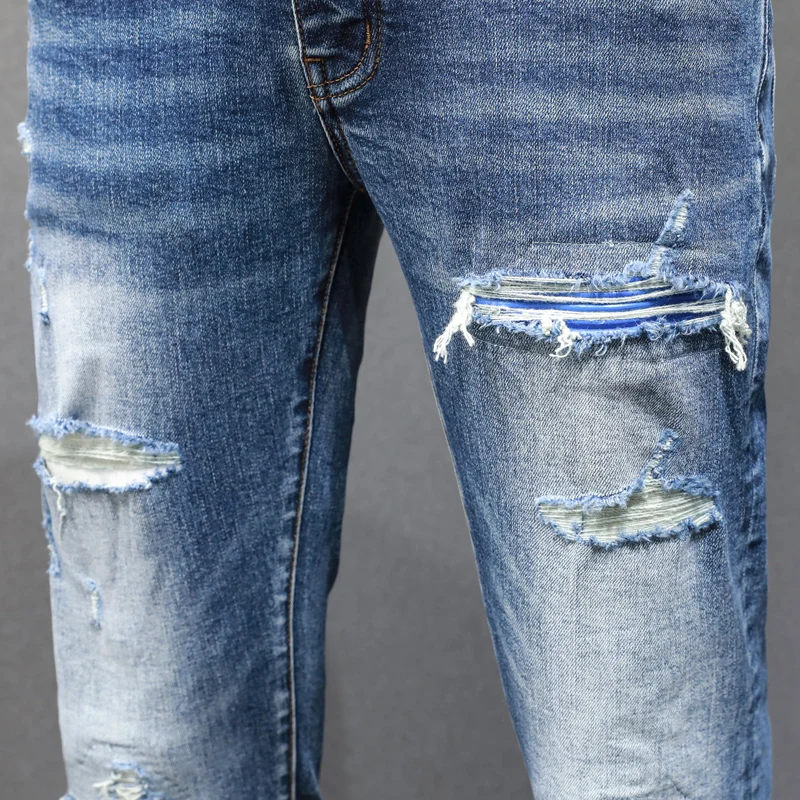 

Designer Street Fashion New High Quality Jeans Washed Nostalgic Stretch Slim Fit Retro Perforated Blue Leather Patch Blue Jeans