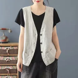 Gilet d'été Vintage en coton et lin pour femmes, ample et fin, sans manches, de loisirs, couleur unie