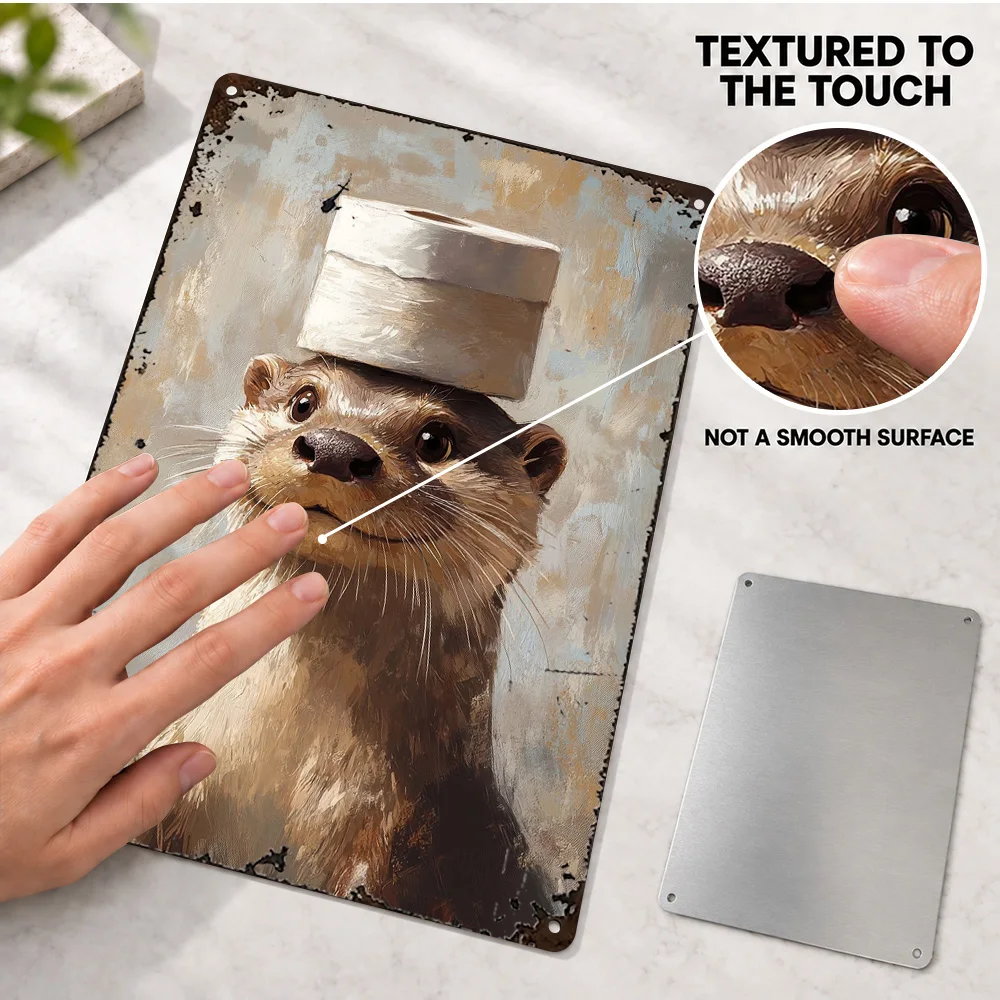 Otter Balancing Toilet Paper Rolls Printed Poster Playful Wall Art For Bathroom Customized Aluminum Metal Sign Guest Host Gift