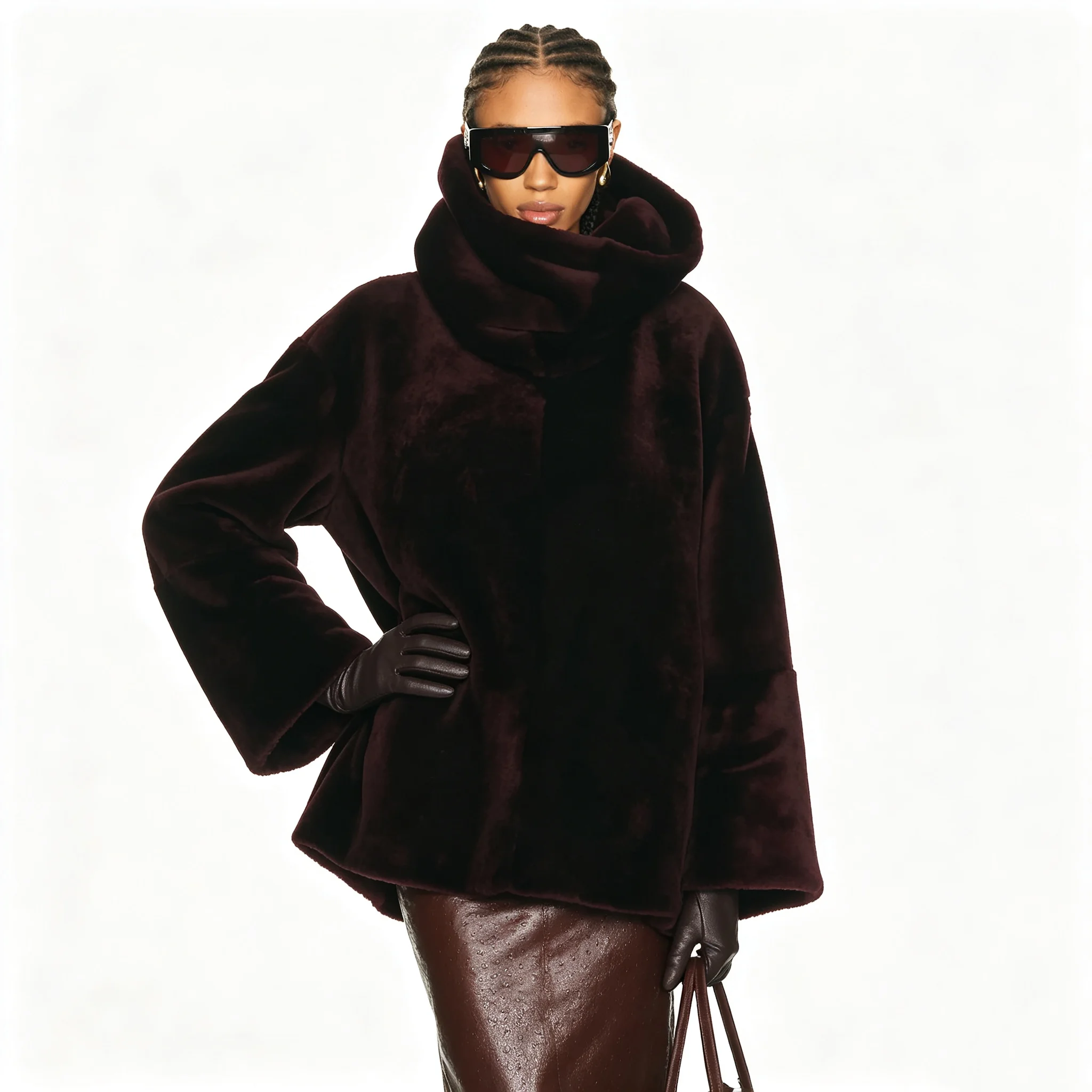RU Women Faux Fur Coat Big Cowl Neck Batwing Loose Boxy Silhouette Thick Warm Furry Outer Jacket For Autumn Winter Streetwear