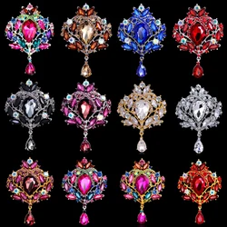 High-end elegant shiny big crystal teardrop brooch crown romantic wedding party pin jewelry gift for friends