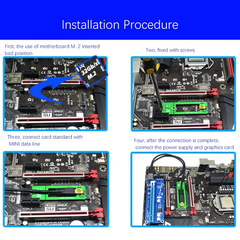 M2 NGFF To 16X Graphics Card Extension Cable 6Pin DC-DC Single Power Supply 8 Card Adapter Cable 008C