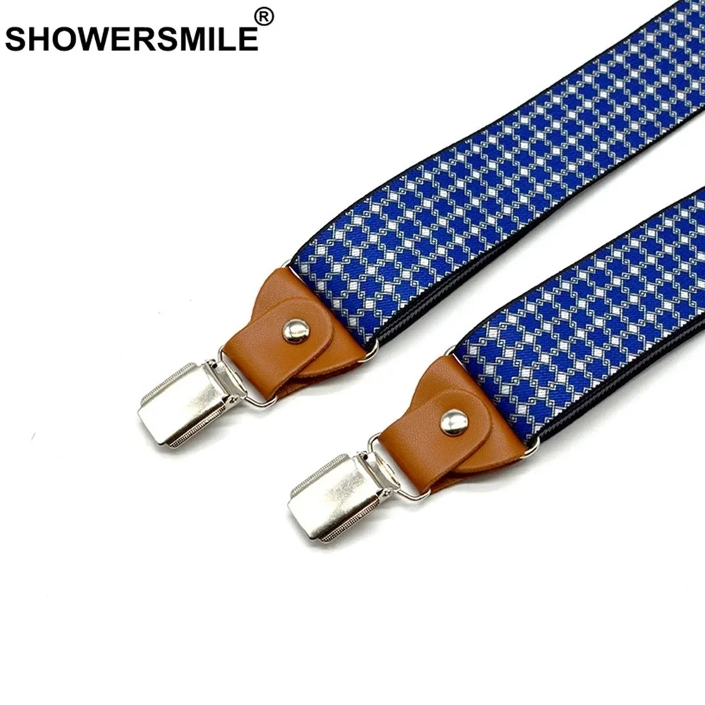 SHOWERSMILE Pantaloni da uomo Cintura Blu Plaid Bretelle da lavoro Uomo Bretelle elastiche larghe regolabili 3 Clip Cinghie 120 cm * 3,5 cm