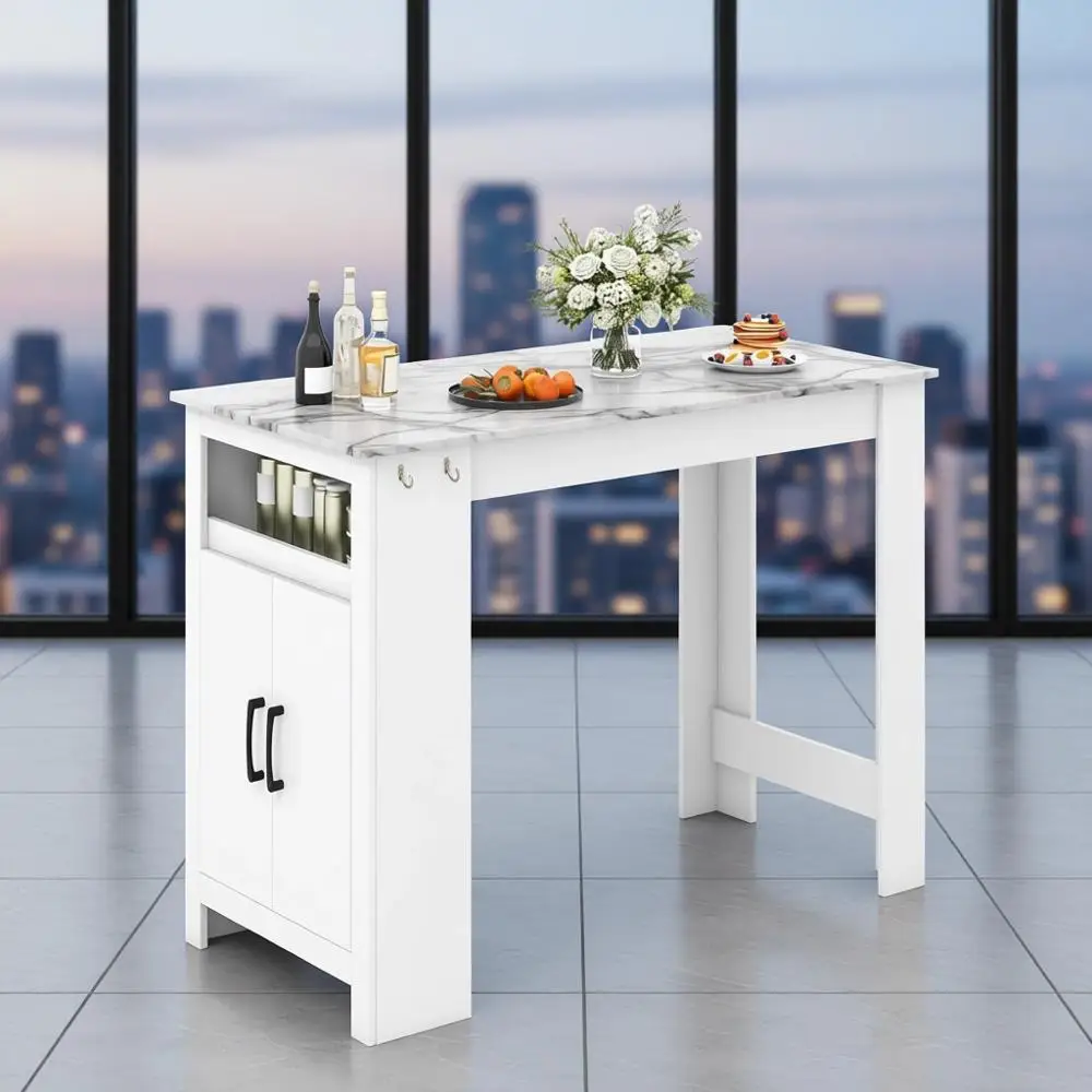 

Барный стол, мраморный стол для завтрака с 7 подвесными крючками, открытым отсеком, шкафом для хранения и регулируемой полкой, высота столешницы