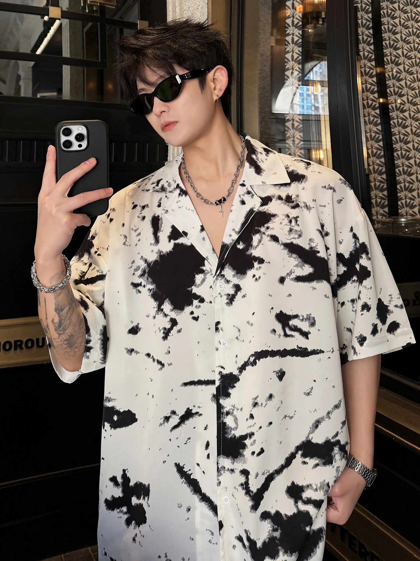

Ice Silk Men's Short Sleeve Shirt Water-Media Tie-Dye Loose Fit Casual Style Summer New Trend Brand Youthful Daily Wear