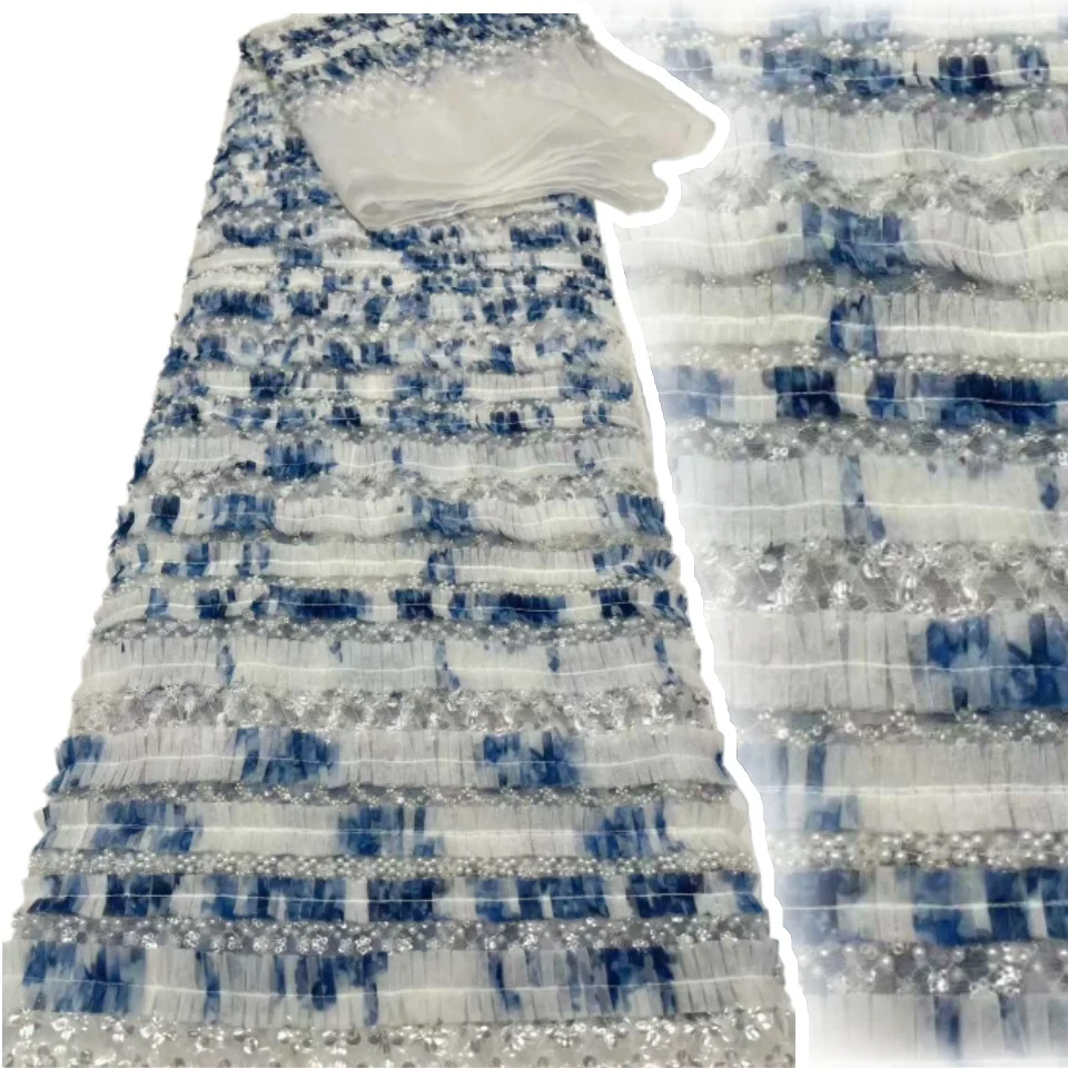 

Сине-белая африканская кружевная ткань с 3D цветочными бусинами, французская нигерийская тюлевая ткань с вышивкой для шитья свадебного платья, 5 ярдов CC1450