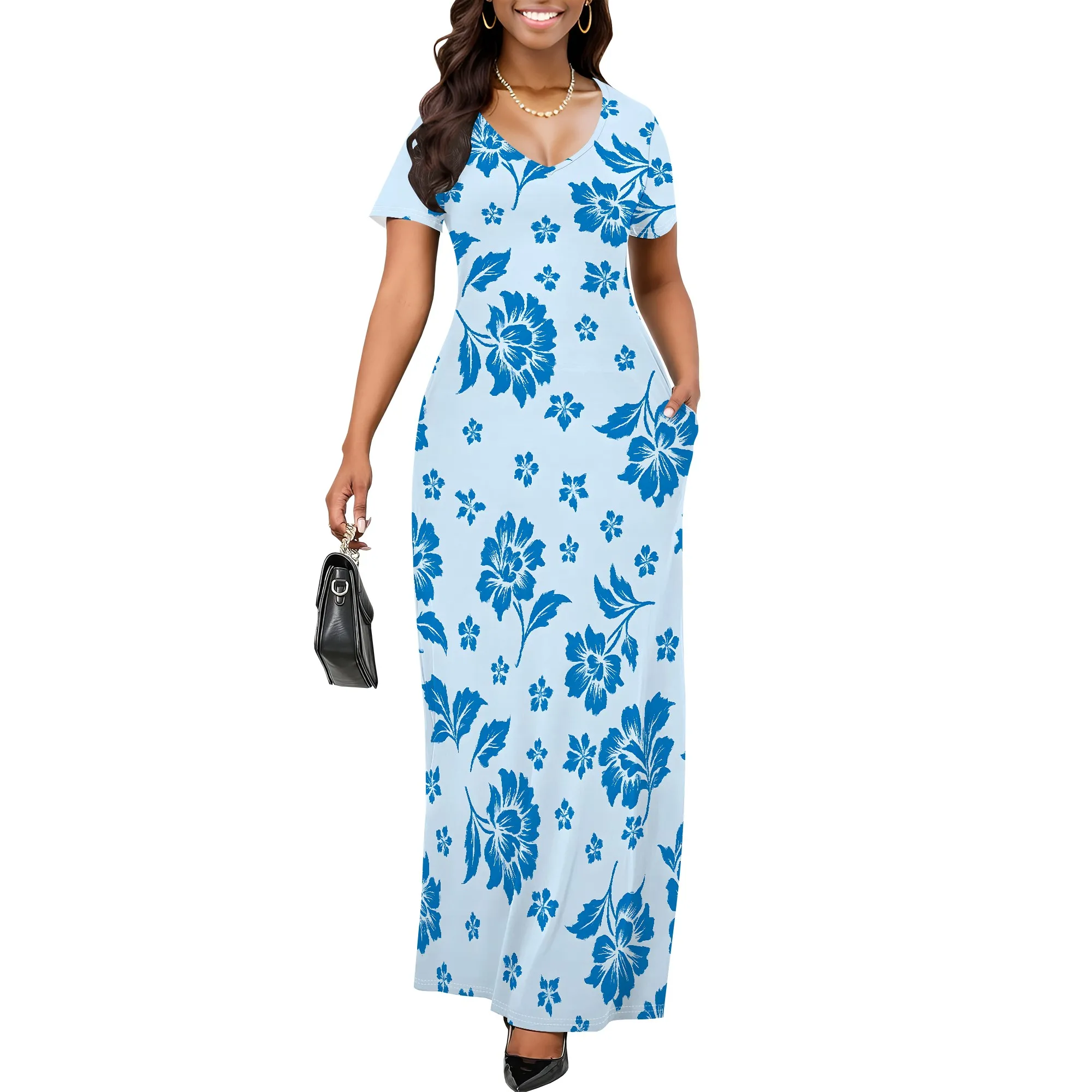 ชุดเดรสฤดูร้อนสตรี 2025 พัฟลําลองแขนสั้น V คอดอกไม้ Boho ฉัตร Ruffle Maxi Dress พร้อมกระเป๋า