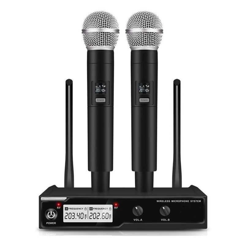 

1 комплект, ручной двухканальный микрофон, VHF, микрофон от одного до двух, подходит для караоке, свадебной вечеринки, церковного разъема европейского стандарта
