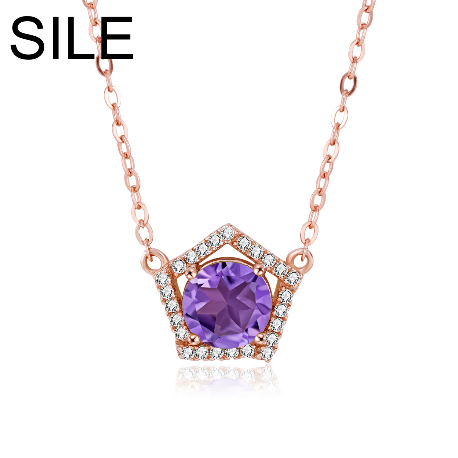 SILE Trendy Pentagon Pendant Necklaces For Women Rose Gold Plated 925 Sterling Silver Natural Amethyst Peridot Necklac Jewelry