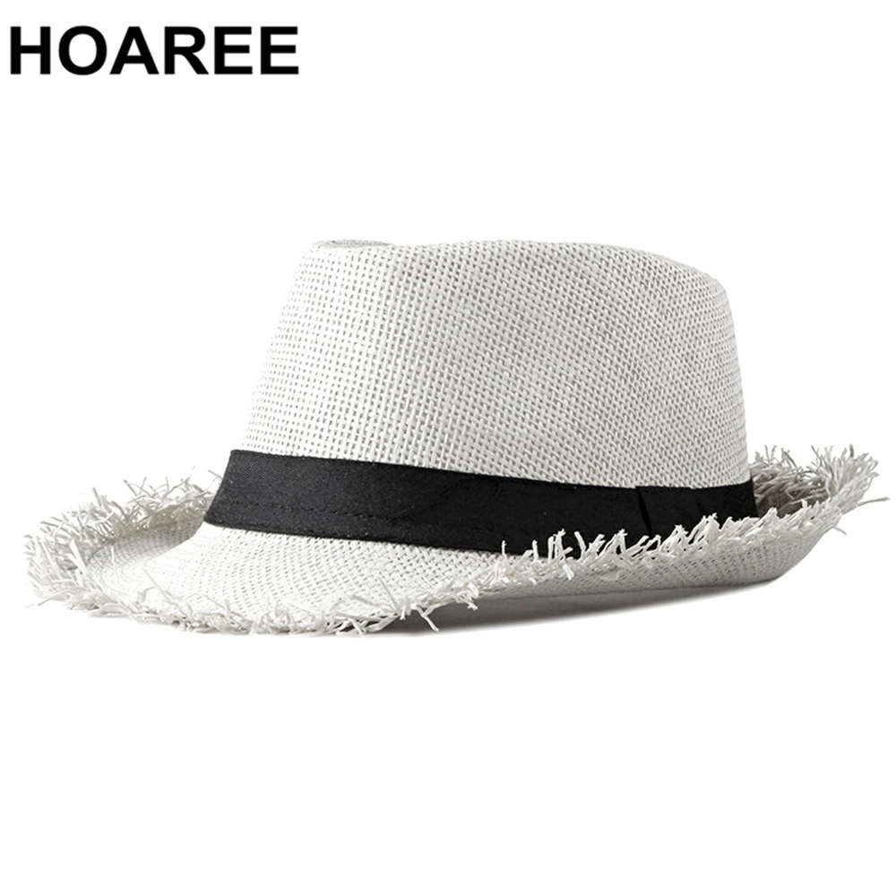 HOAREE Beach Hat Men Summer Panama Cap Casual Trilby Fedora Hat Male Straw Hat UV Protection Wide Brim Sombrero