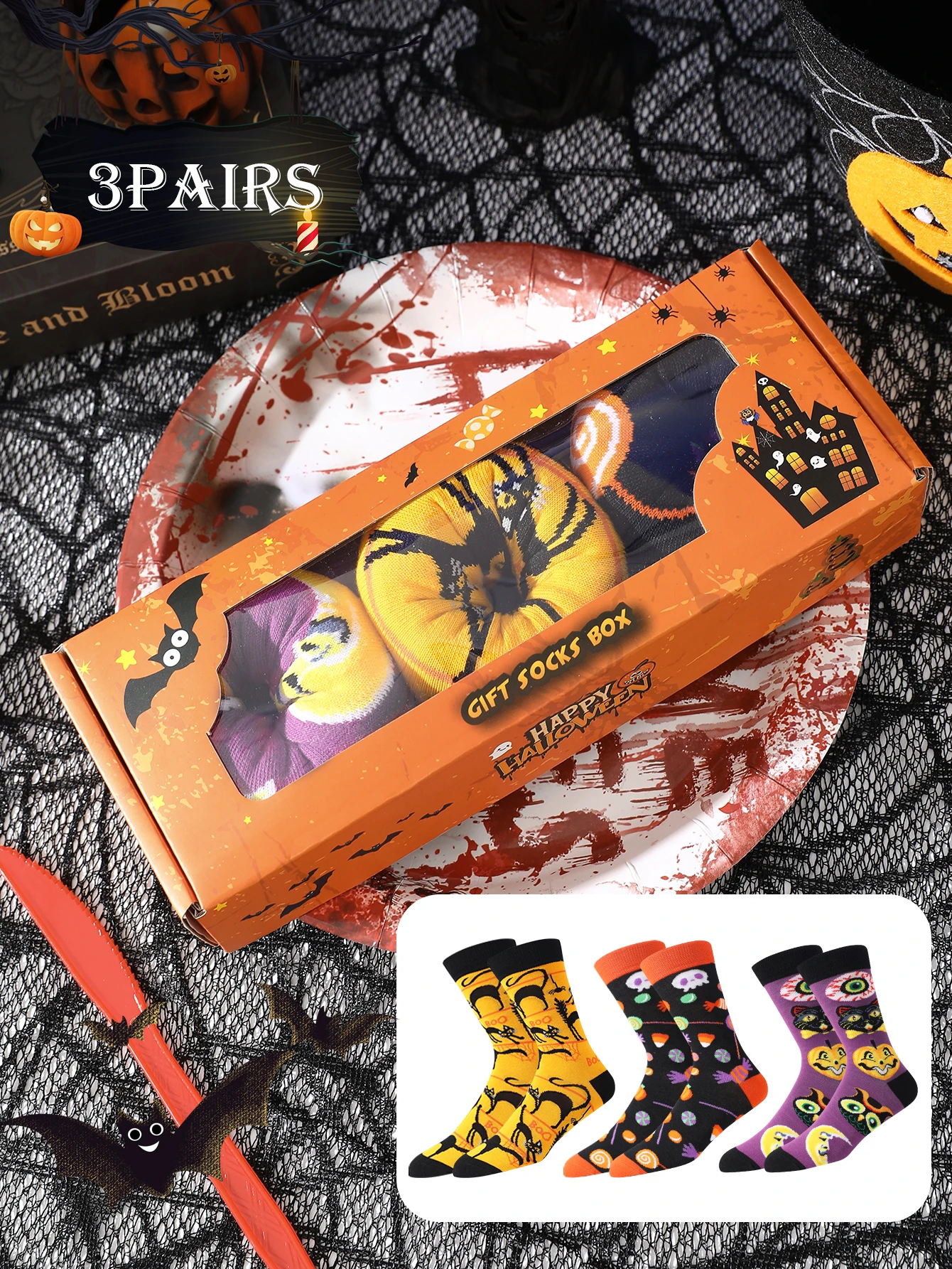 3 pair of mid-calf unisex socks in a sweet doughnut design, novelty and creative, perfect for Halloween and other festive gifts.