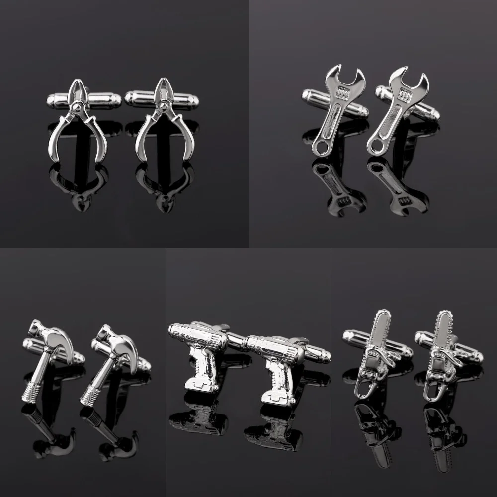 Funny Tool Themed Brass Cufflinks Drill Chainsaw Wrench Hammer  Pliers Copper Cuff Links for Men French Dress Shirt