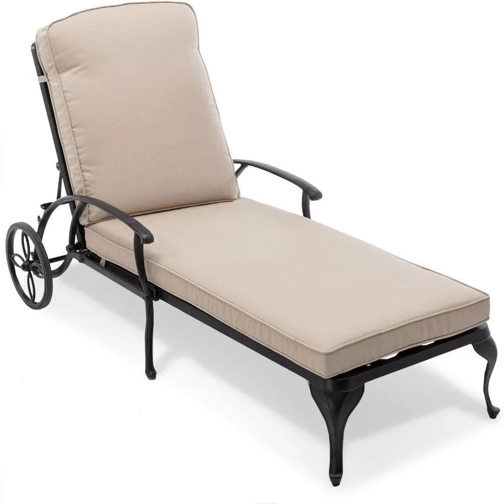 Pool Lounge Chairs with Cushion Cast Aluminum Waterproof Lounger with Wheels and Adjustable Reclining, Outdoor Lounge Chair