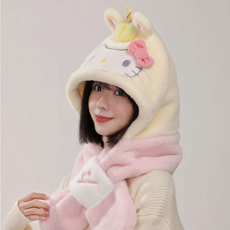 

Miniso Hello Kitty Winter Teenage Boys Girl Cute Plush Hat Scarf 2-Piece Women 2-In-1 Cap Neck Cover Young Man Mother-Girl Gift