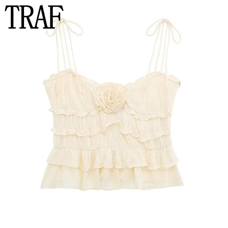 

TRAF Floral Ruffle Top Female Backless Crop Top Woman Sleeveless Summer Short Tops Woman Fashion Semi Sheer Sexy Top With Ties