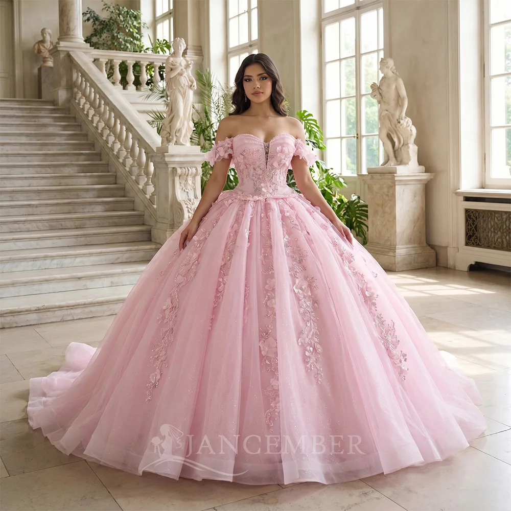 

Shiny Quinceneara Dress for Youth Off Shoulder Formal Dresses Dress Cap Sleeve Appliques Vestido De 15 Customized Court Train