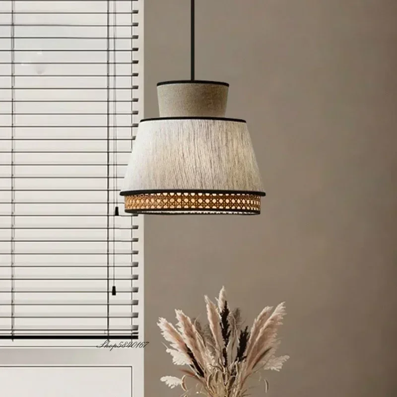 

2026 Wabi Sabi Pendant Lights Minimalist Cloth Rattan Lamp Living Room Dining Room Kitchen Decor Suspension Restaurant Lamps