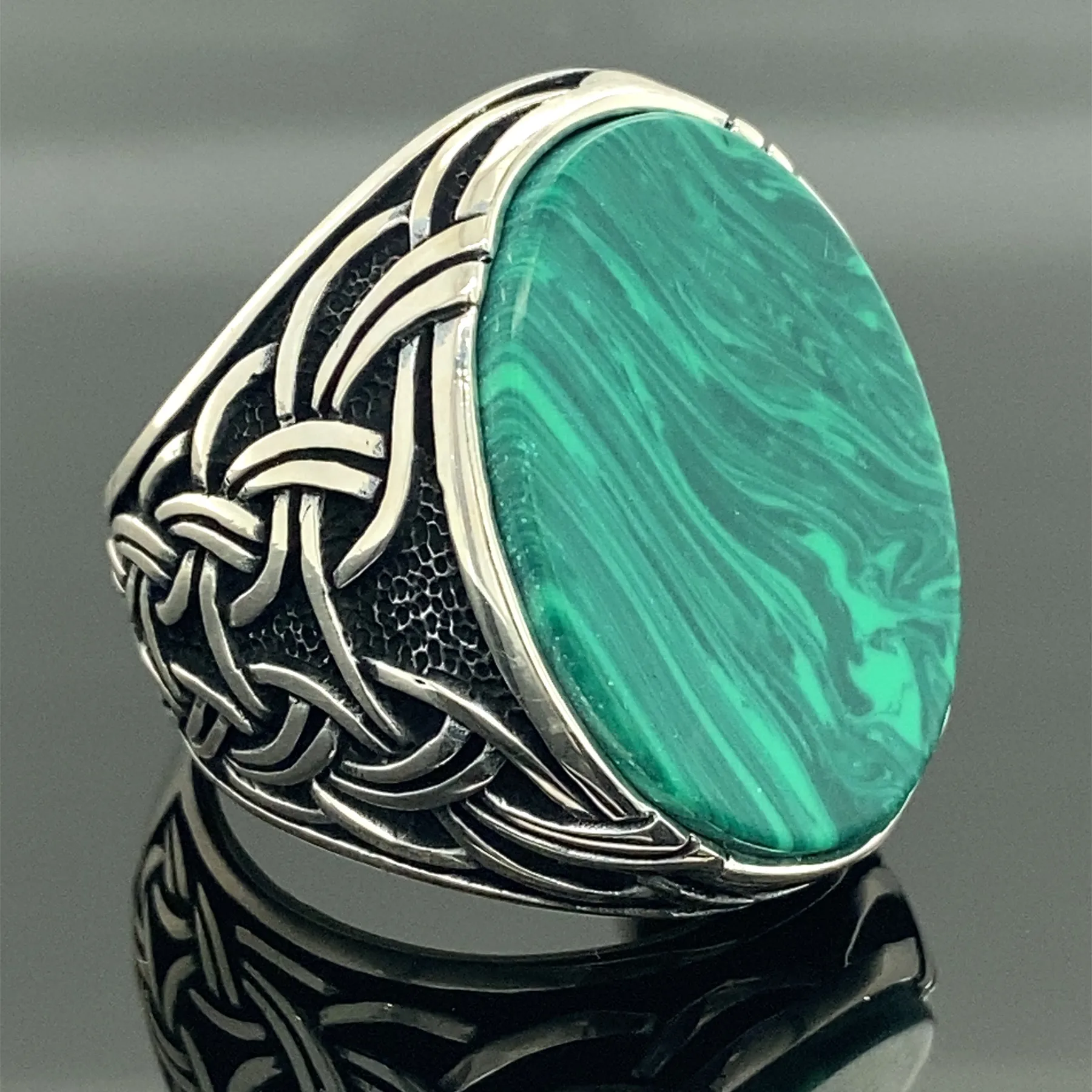 Malachite Gemstone Ring , Men Handmade Ring , Oval Turkısh Handmade Ring , Embroidered Ring , Ottoman Jewelry , 925k Sterling Si