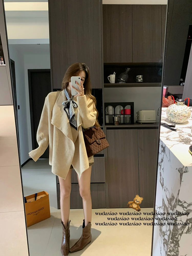 

Wu Daxiao Dr Children's Song Knitted Open Cardigan Ele Large Collar Loose Fit Long Sve Commute Sle Women's Knitwear