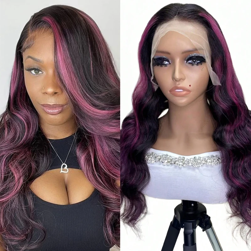 

Purple Colored Highlight Body Wave 13x4 Transparent Lace Front Wig Human Hair Wig for Women