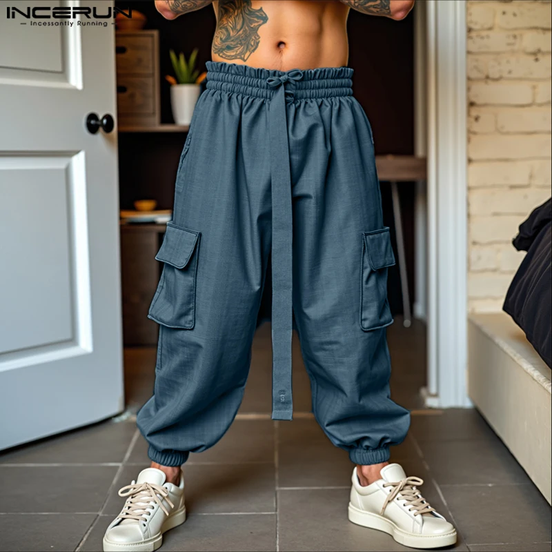 

INCERUN мужские брюки-карго однотонные джоггеры на шнуровке свободные повседневные брюки мужские уличные карманы 2025 модные мужские длинные брюки