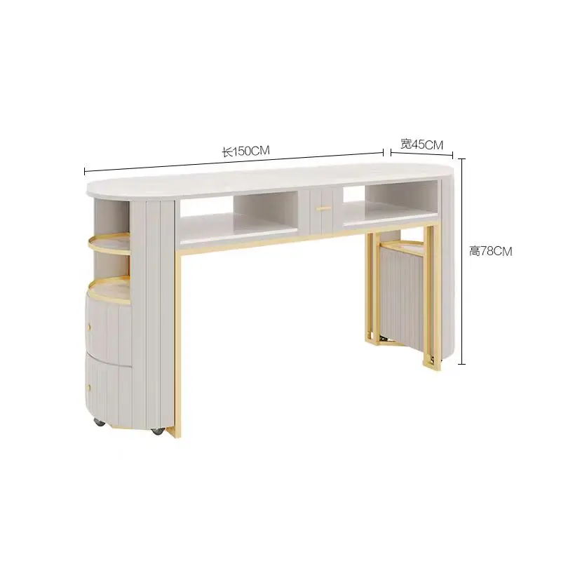 HOCHEY MEDICAL Custom Size Nail Table Marble Look Countertop Gold Frame Manicure Station For Commercial Beauty Salon