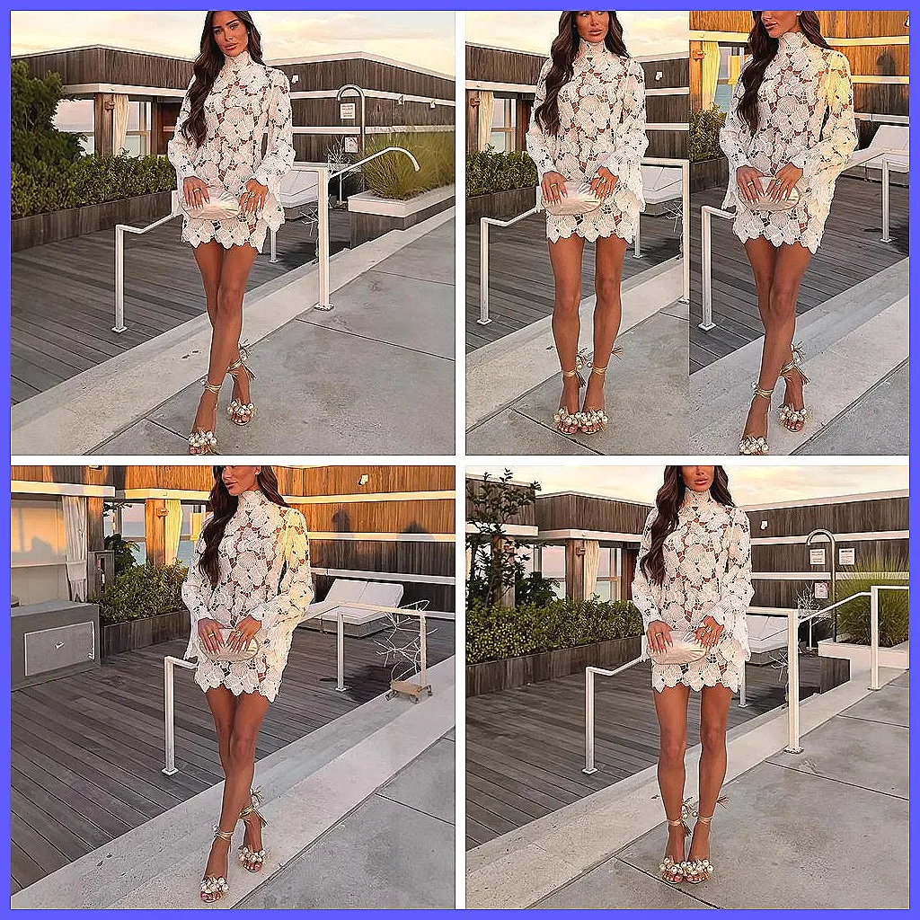 

Elegant White Lace Mini Dress with Stand Collar, Long Sleeve & High Waist for Party Vacation