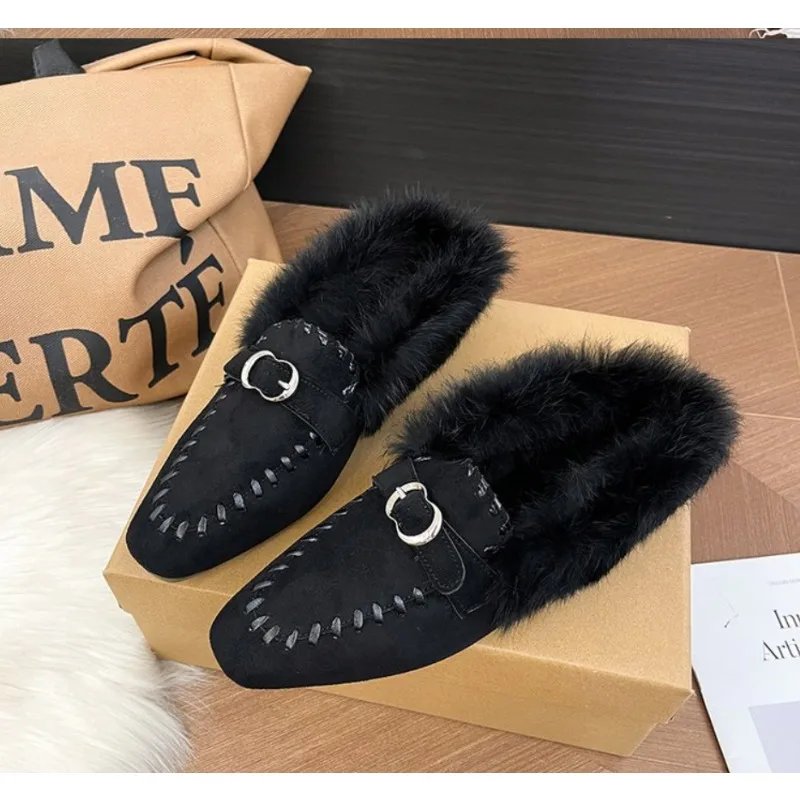 2026Women's Pointed Toe Fashion Slippers Fur Lined Belt Buckle Mule Slides Winter Warm Casual Shoes for Women Fluffy