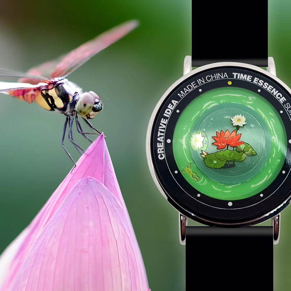 クォーツ時計-オリジナルデザインのカエル、トンボ、蓮の池の時計-腕時計-快適なシリコンストラップ