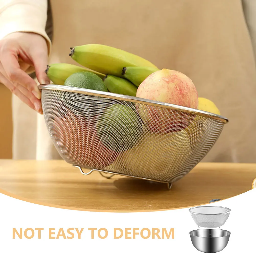 

1 Set Stainless Steel Vegetable Washing Bowl Wide Mouth Nonslip Bottom For Rice Fruit Pasta Draining Basket Fine Mesh Colander