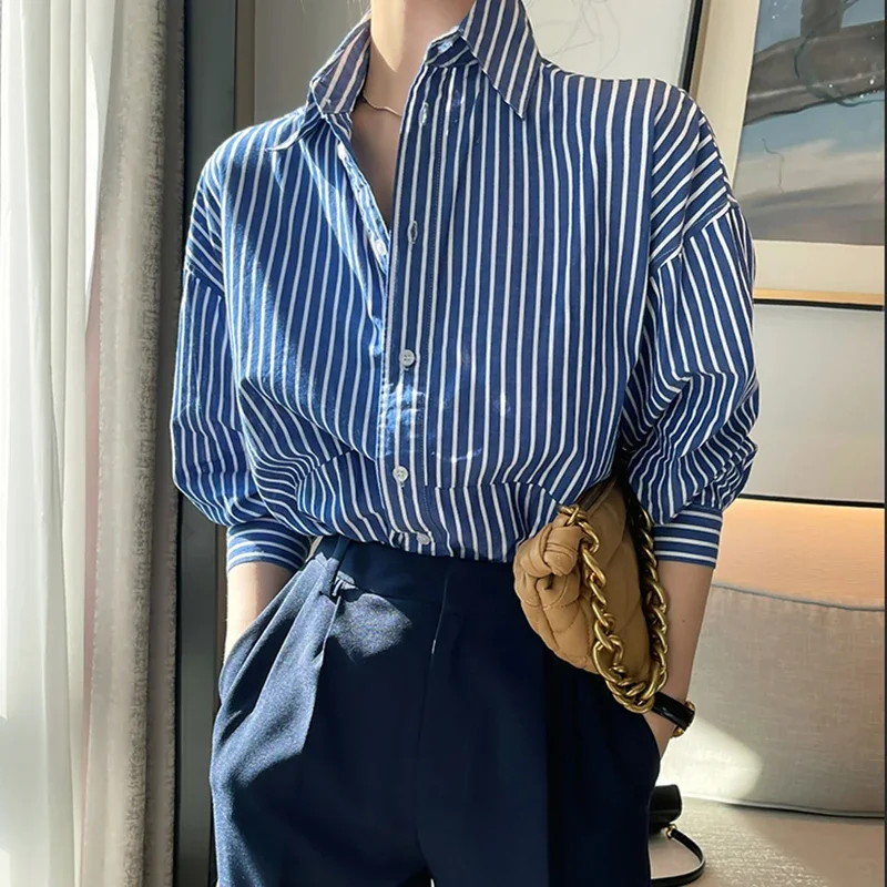 

Spring Autumn Classic Striped Women's Blouse 2025 New Long Sleeve Single Breasted Casual Loose Office Office Shirts Female