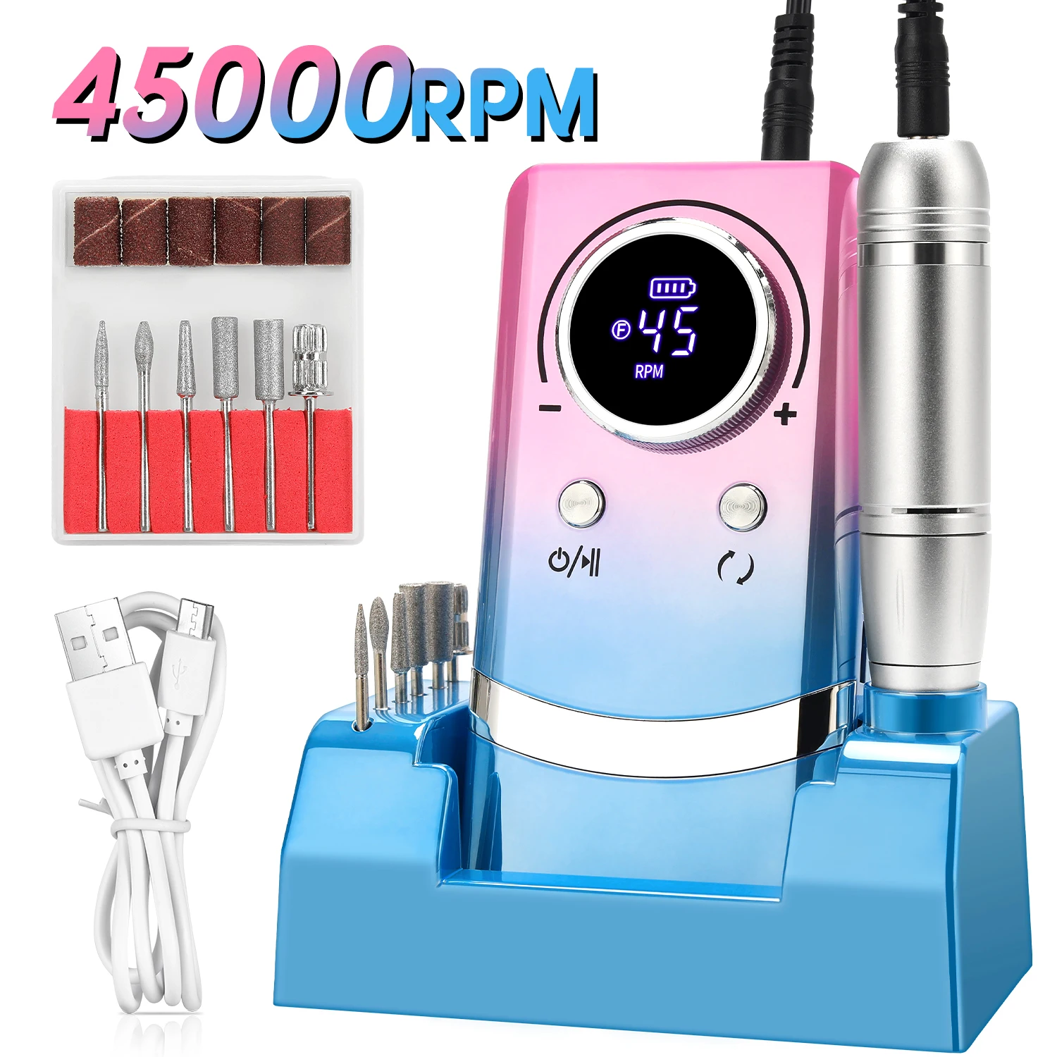 DianaBeauty 45000RPM Nail Drill Machine Portable Nail Polisher USB Charging Low Noice Electric Nail Sander with HD LCD Display