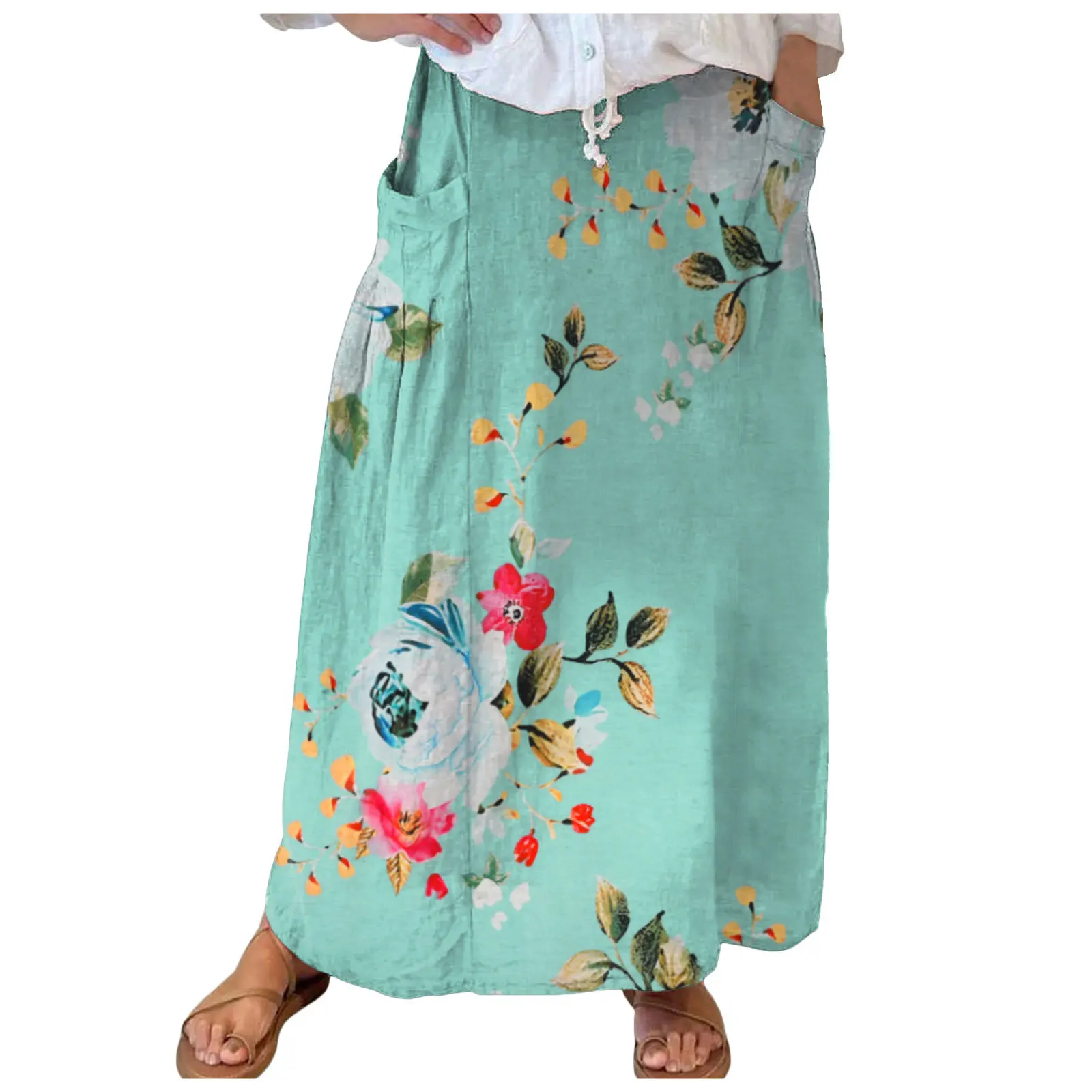 Retro Floral Print Women's Skirt And Culottes, Loose Large Size Casual Nine-quarter Pants, Wide-leg Pocket Culottes skirts