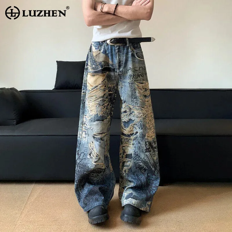 

LUZHEN Personalized 3D Graffiti Printed Loose Casual Jeans Men 2025 New High Street Fashion Wide Leg Straight Denim Pants JY2960