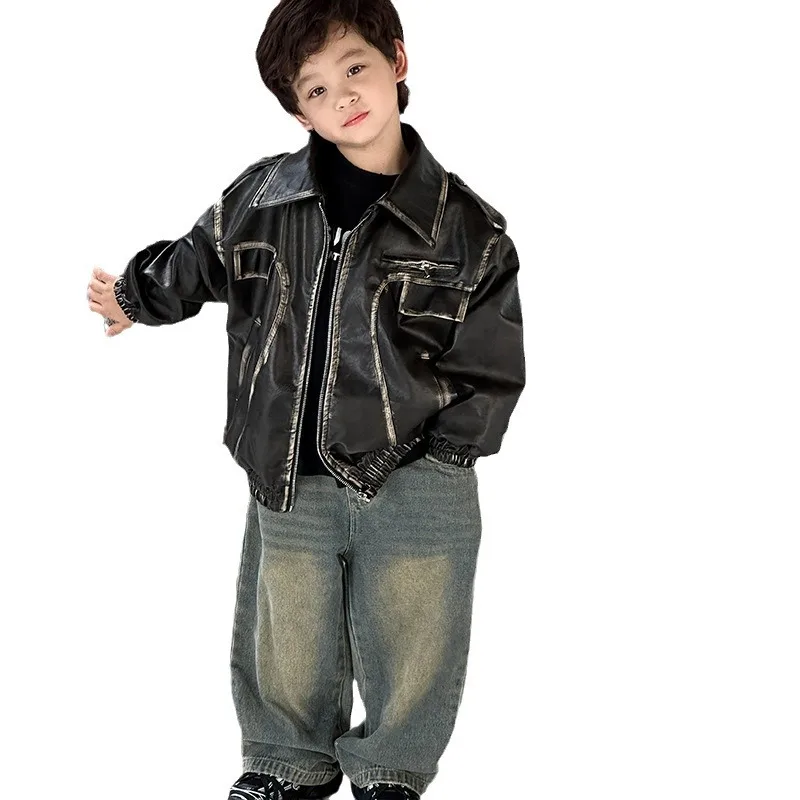 

2026 New Boys Handsome Leather Jacket Lapel Coat Korean Fashion Outwear for Big Kids Autumn Spring