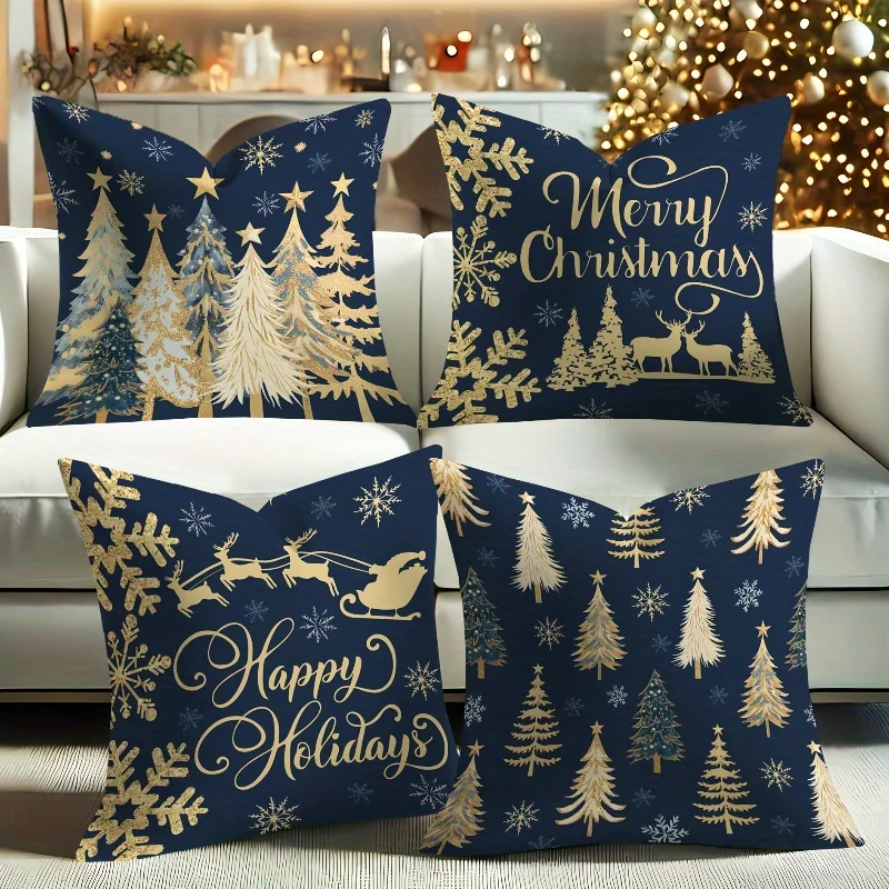 

4 шт. синие и золотые наволочки для рождественской елки и снежинок — праздничные наволочки для декора гостиной, спальни, дивана и кровати