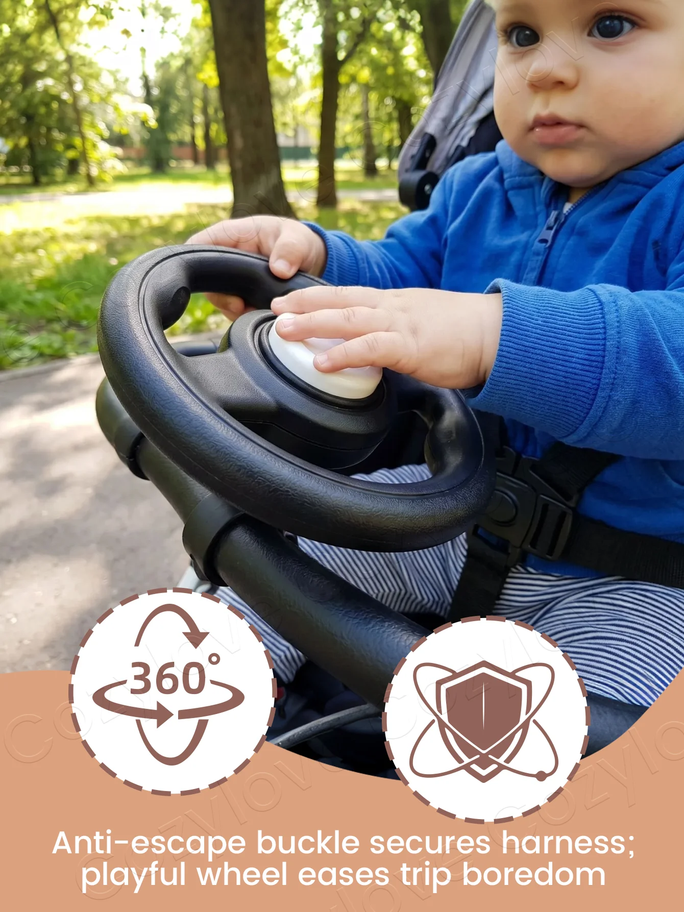 Baby Stroller Steering Wheel Toy & Chest Harness Clip,Toddler Pretend Driving Toy + Stroller Safety Strap Anti-Slip Chest Buckle 3