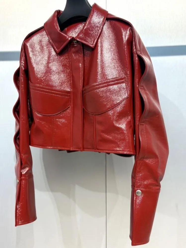 سترة عالية الجودة من الجلد الطبيعي بسحاب وأكمام طويلة من جلد الغنم فضفاضة بلون سادة ملابس خارجية نسائية عالية الجودة #2