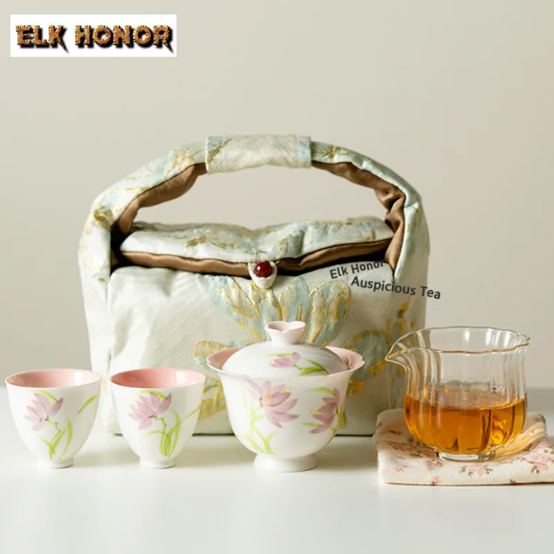 

Hand-painted Orchid Travel Tea Set Kit Boutique 1 Pot 3 Cups Tea Maker Organizer Portable Camping Stock Bags For Tea Supplies