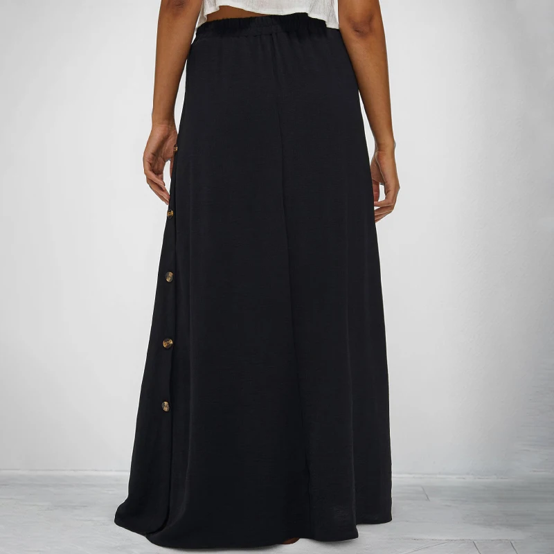 Casual Black Single Breasted Long Skirts Summer Street Style Floor-Length Skirts 2026 Office Lady Split A-Line Skirt Female