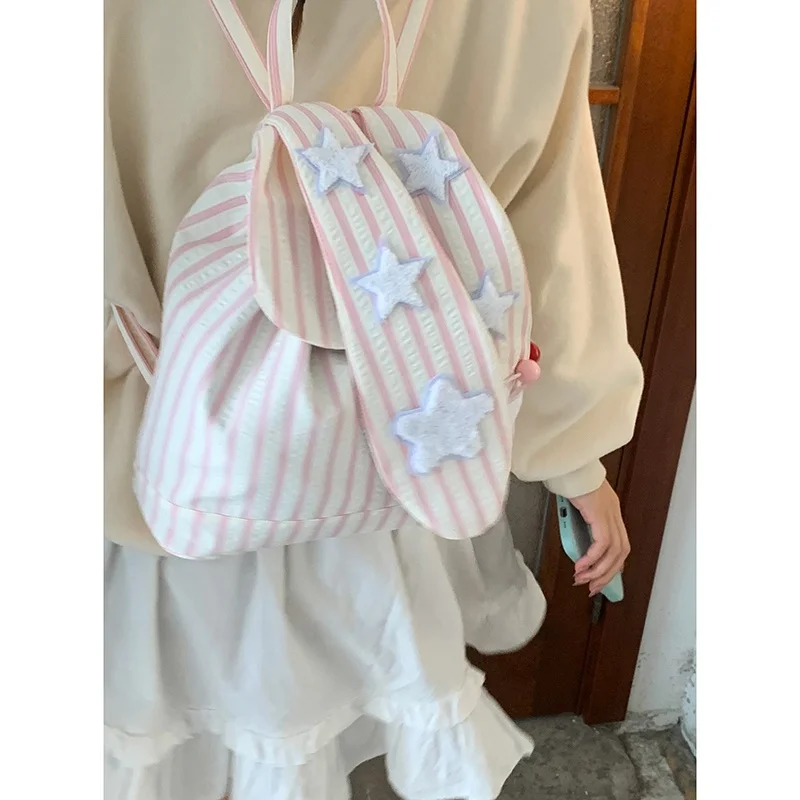 حقيبة ظهر قماشية بتصميم أذن أرنب لطيفة، حقيبة طالب مخططة، حقيبة كتف نسائية عصرية وأنيقة، نمط عملي بدون وسادة ظهر