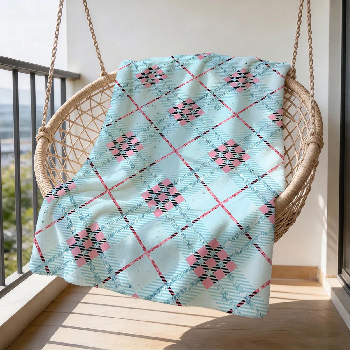Blue Pink Argyle Glitter Flannel Blanket Warm Soft Halloween Christmas Couch Warm Cozy Decorative Decor Gift for All Season
