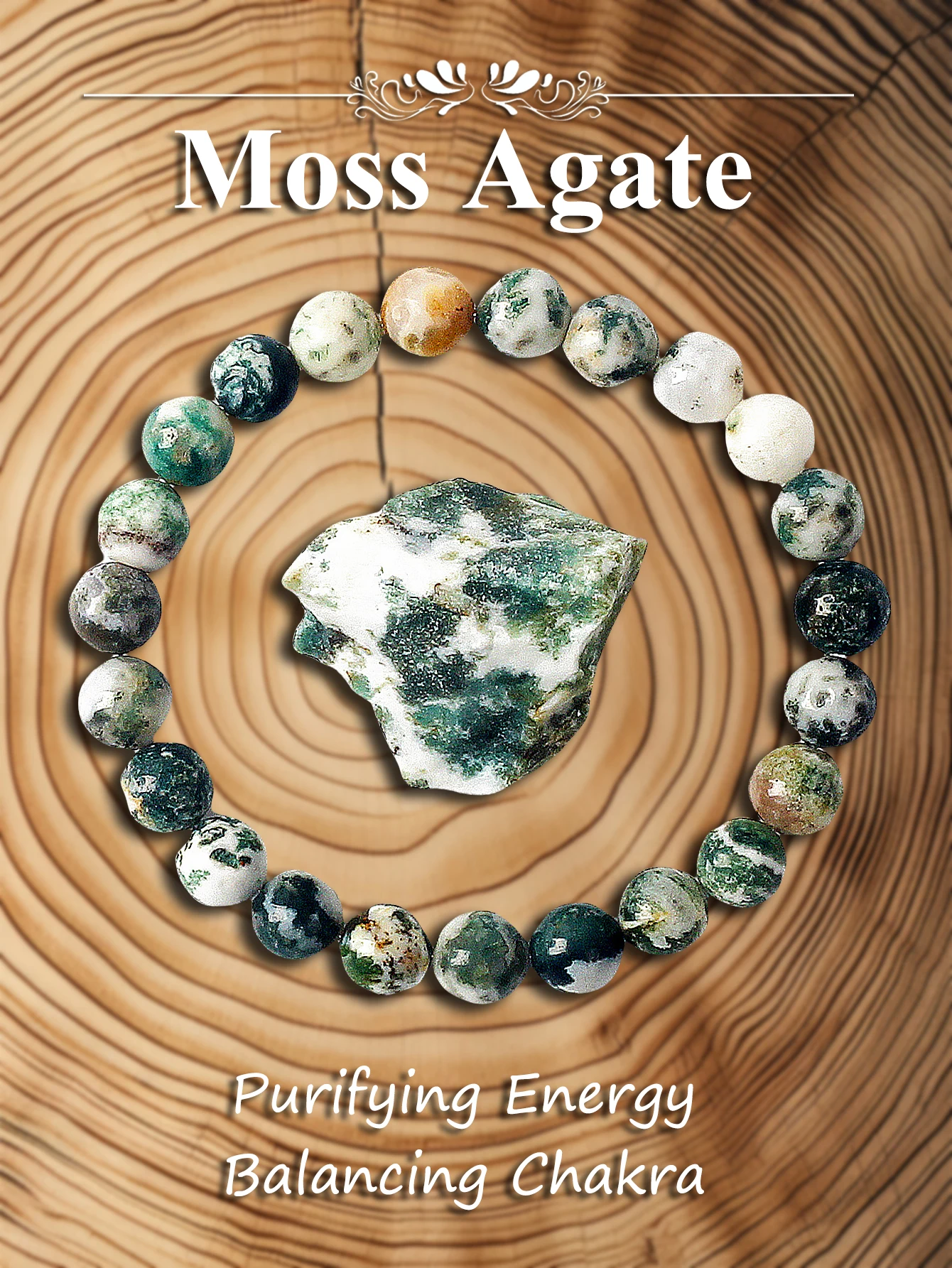 Natural Stone Moss Agate Gemstone Bead Bracelet for Balance Calm Energy Good Luck & Healing Crystal Jewelry Gift for Women Men