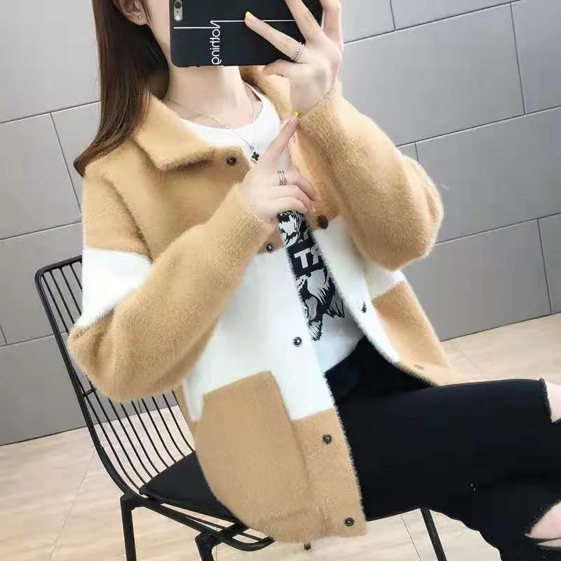 Women's Short Knitted Mink Velvet Coat Color 2024 New Autumn Winter Spring Female Fashion Padded Jacket Loose Korean Overcoat