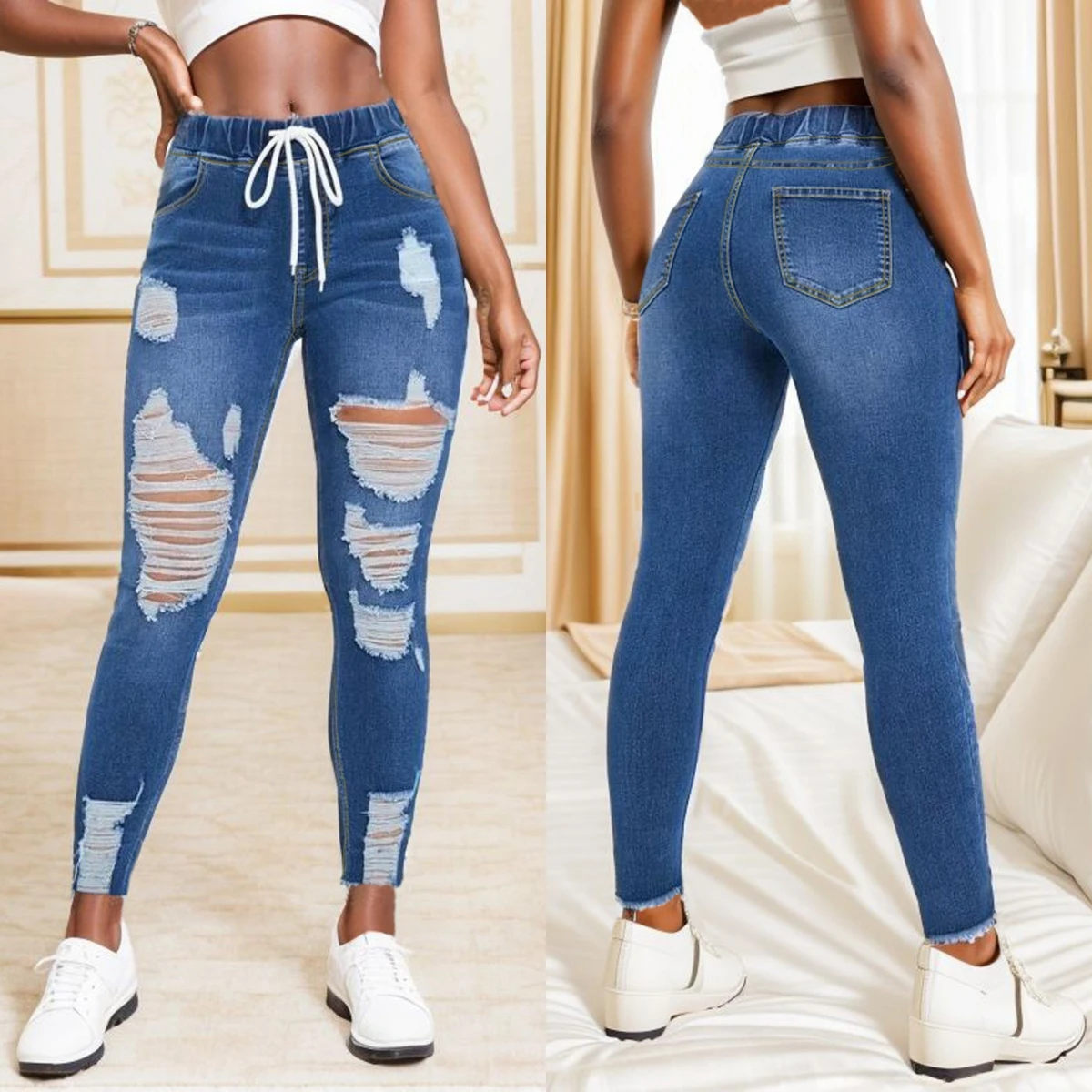 2023 Autumn New Women's Elastic Waist Ripped Jeans Fashion Skinny High Stretch Denim Pencil Pants Casual Slim Ladies Jeans S-2XL