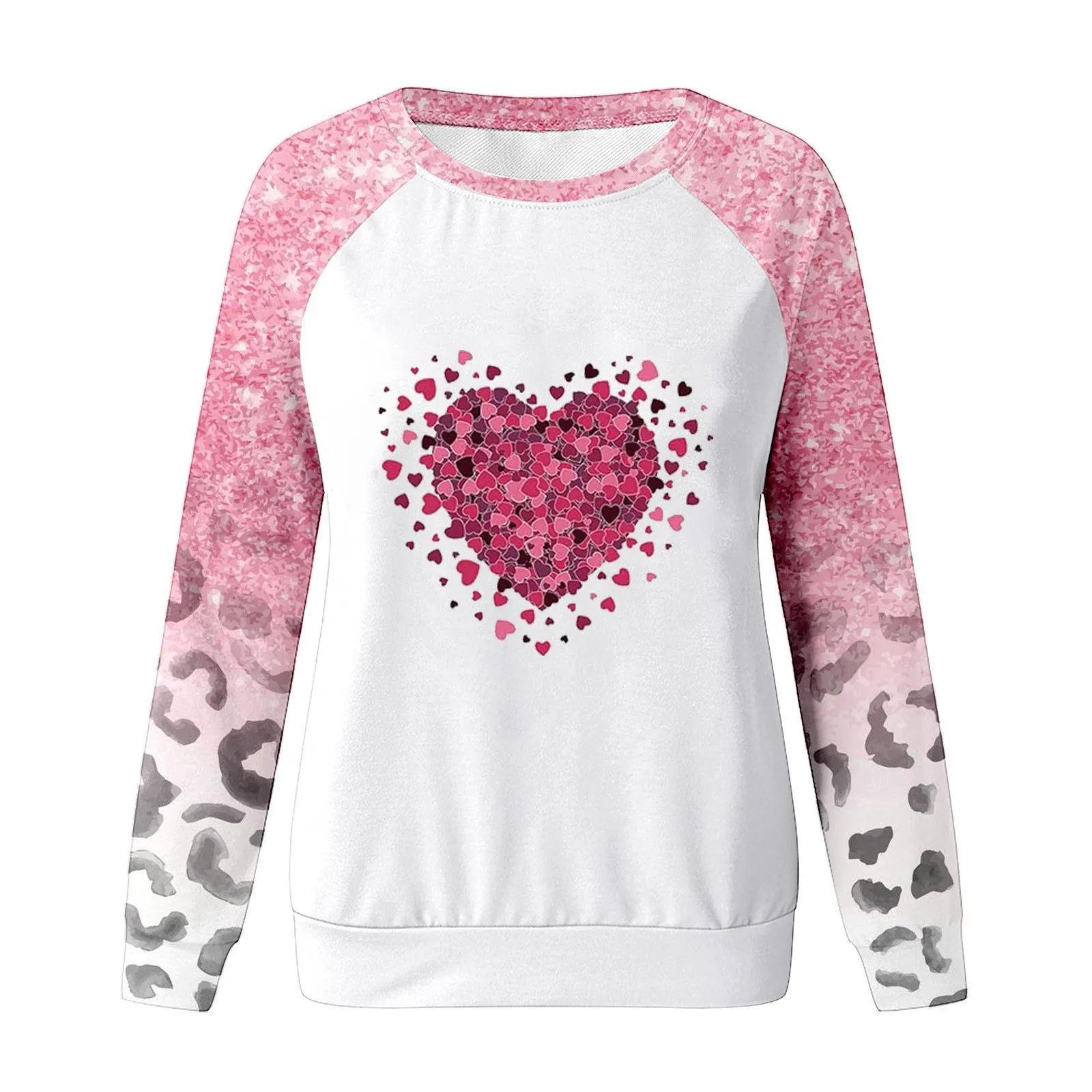 Love Heart Print Leopard  Patchwork Long Sleeve Pullovers Sweatshirt Valentine Gift Round Neck Streetwear Tops y2k Women T Shirt