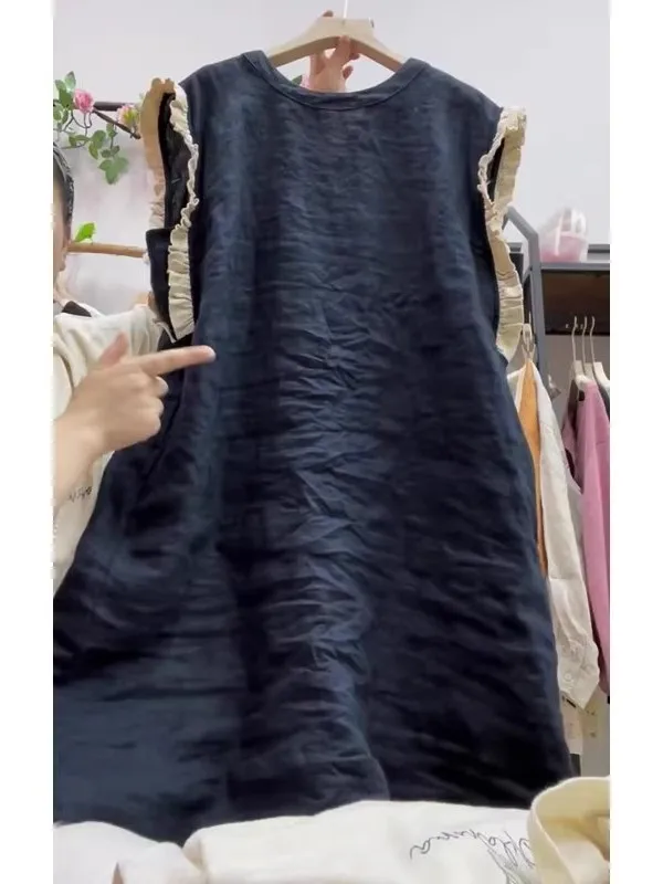 

Retro Contrast Color Wooden Ear Splicing Linen Small Vest Large Size Women's round Ne Svel Versatile Loose Top