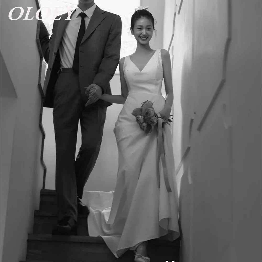 

OLOEY Элегантное свадебное платье русалки с жемчугом, корейское свадебное платье для фотосессии с v-образным вырезом и застежкой-молнией сзади, со шлейфом по индивидуальному заказу 웨딩드레스