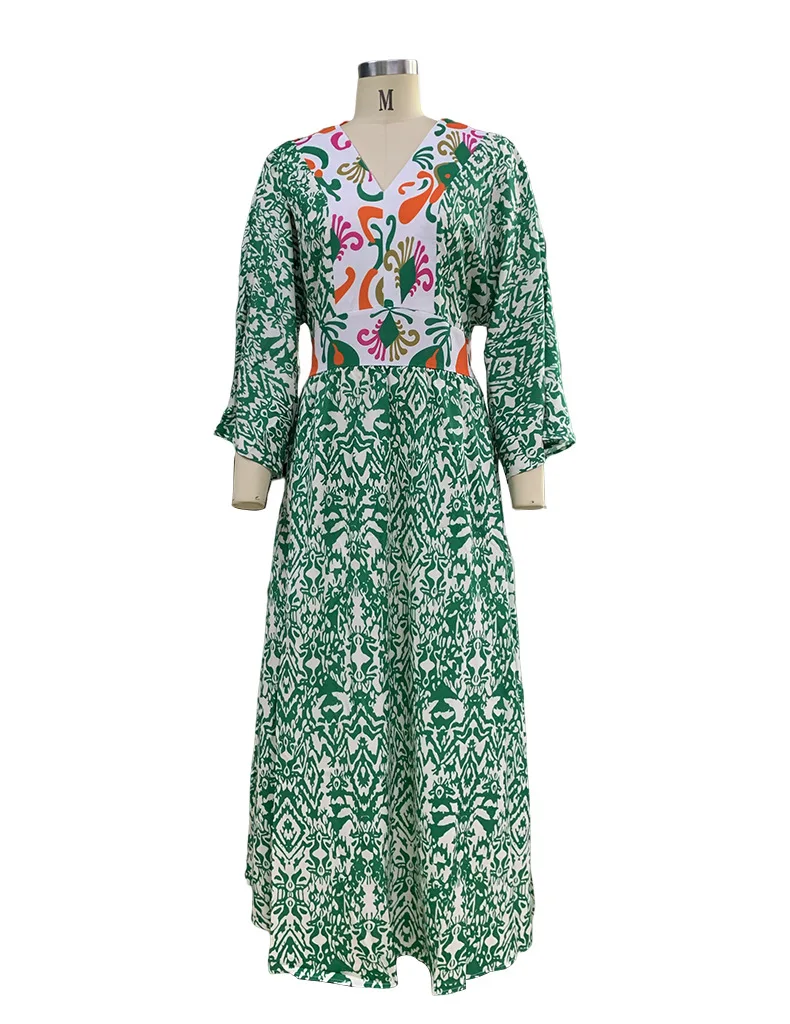 BAMBOOBOY-Robe de plage rétro à imprimé floral pour femmes, manches bouffantes, ceinture trapèze, maxi, vert, bohème, col en v, été