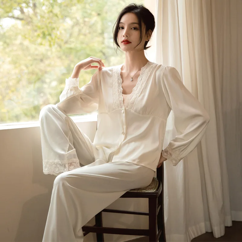 Korean Version Sexy Home Minimalist Casual Home Wear 2026 Spring Autumn New Fashionable Ice Silk Thin Silk Pajamas Set for Women